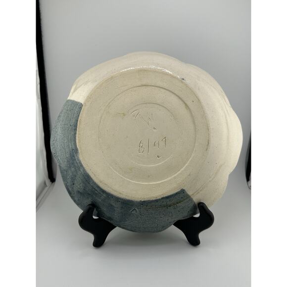 Hand Made Ceramic Dish w/ Scalloped Edge Signed PM Blue Cream Abstract Design - Picture 6 of 7